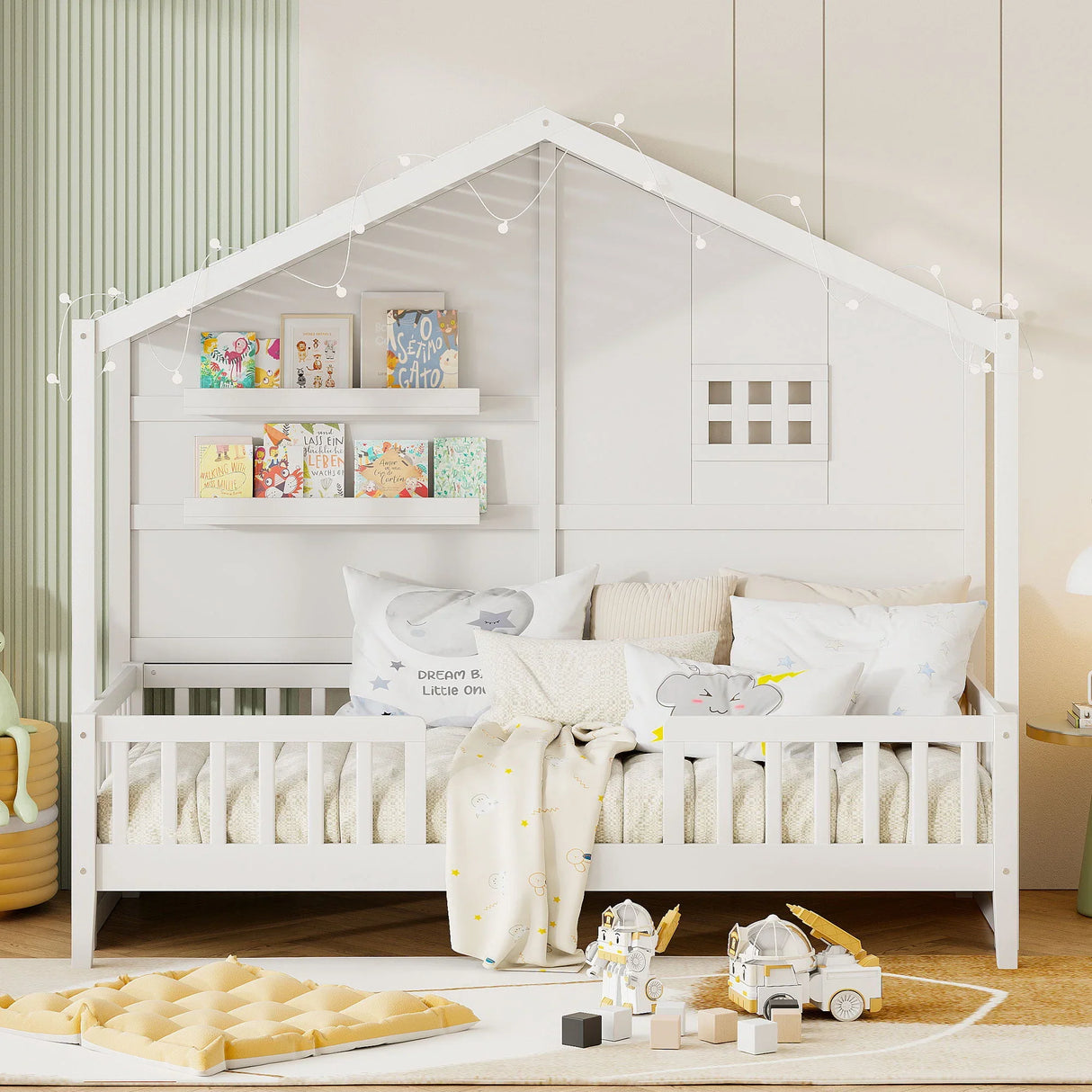 House Bed With Shelves, Window And Sparkling Light Strip On The Roof - Furniture Home Direct
