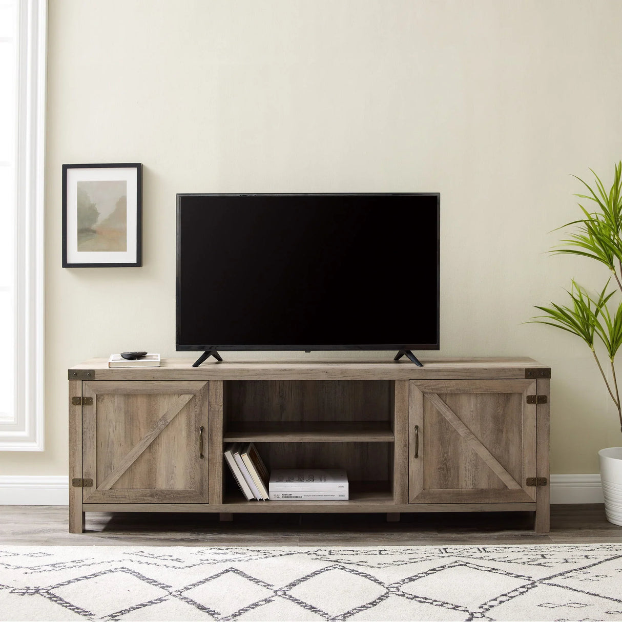Rustic Farmhouse Double Barn Door 70" TV Stand For 80" TVs With Center Shelves - Furniture Home Direct