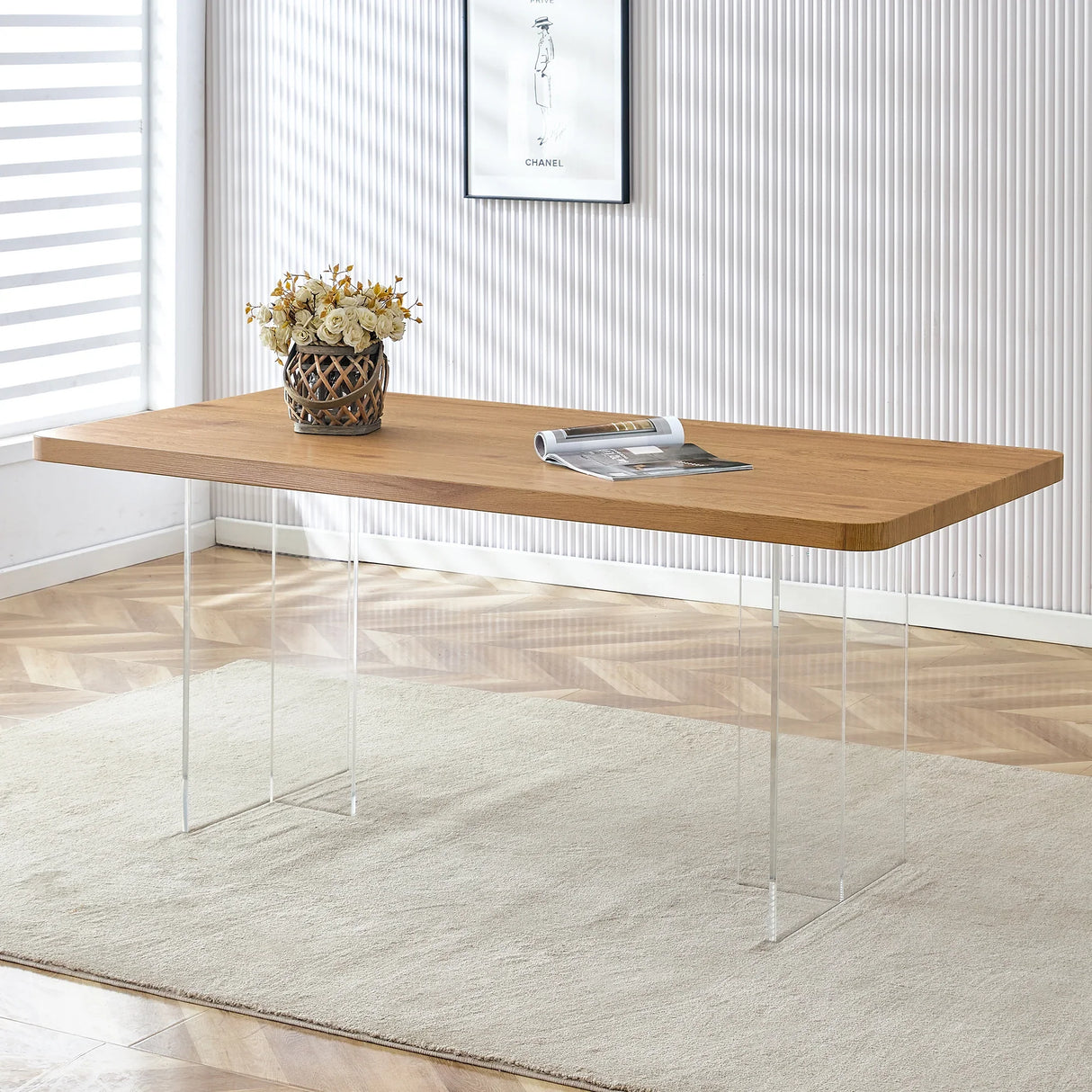 Dining Table With Wooden Top And Clear Acrylic Legs Natural - Furniture Home Direct