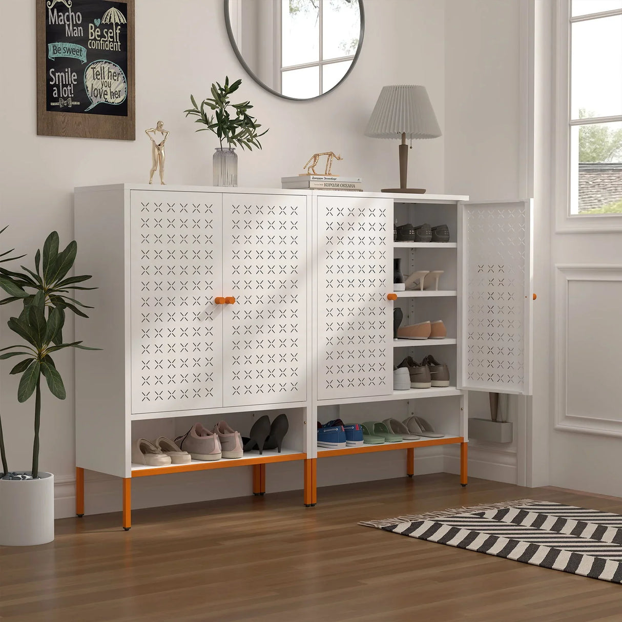 Grid Double Door Shoe Cabinet With Adjustable Compartments And Moisture-Proof Design In White Metal - Furniture Home Direct
