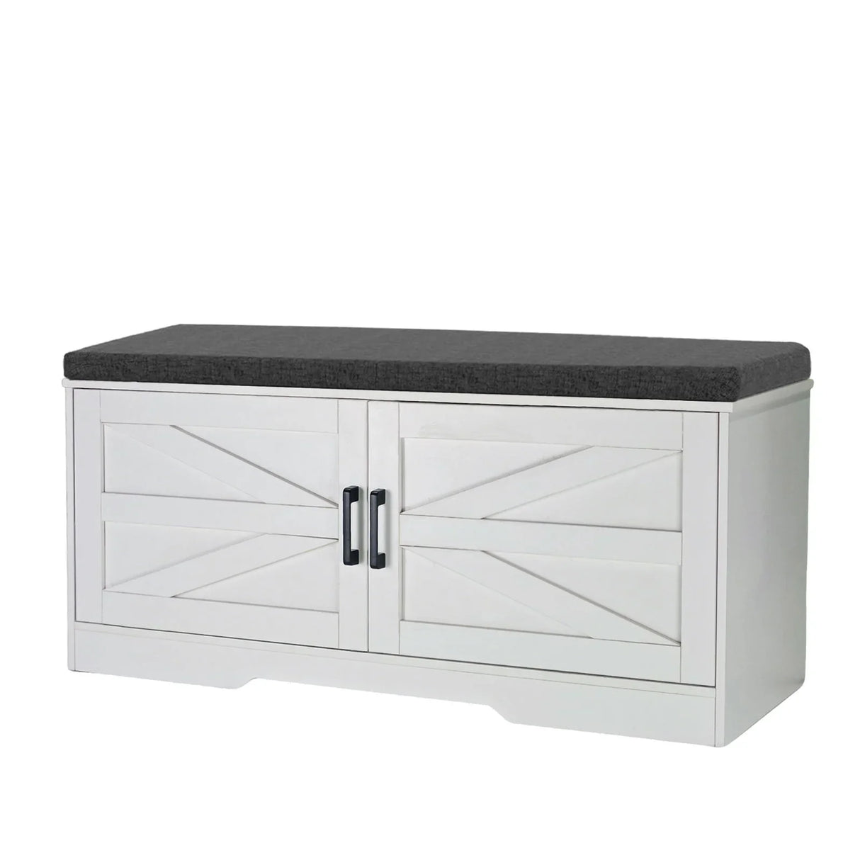2 Tier Shoe Bench With Padded Seat, 2 Barn Doors And Adjustable Shelves, For Entryway And Living Room - White - Furniture Home Direct