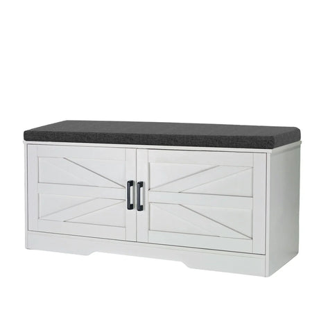 2 Tier Shoe Bench With Padded Seat, 2 Barn Doors And Adjustable Shelves, For Entryway And Living Room - White - Furniture Home Direct