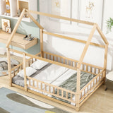 Floor Wooden Bed With House Roof Frame, Fence Guardrails - Furniture Home Direct