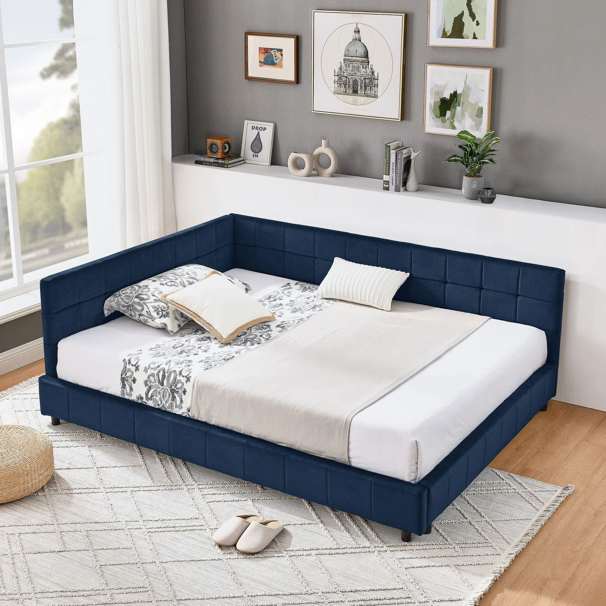 Mid-Century Storage Upholstered Tufted Bed Frame With Backrest And Armrests - Furniture Home Direct