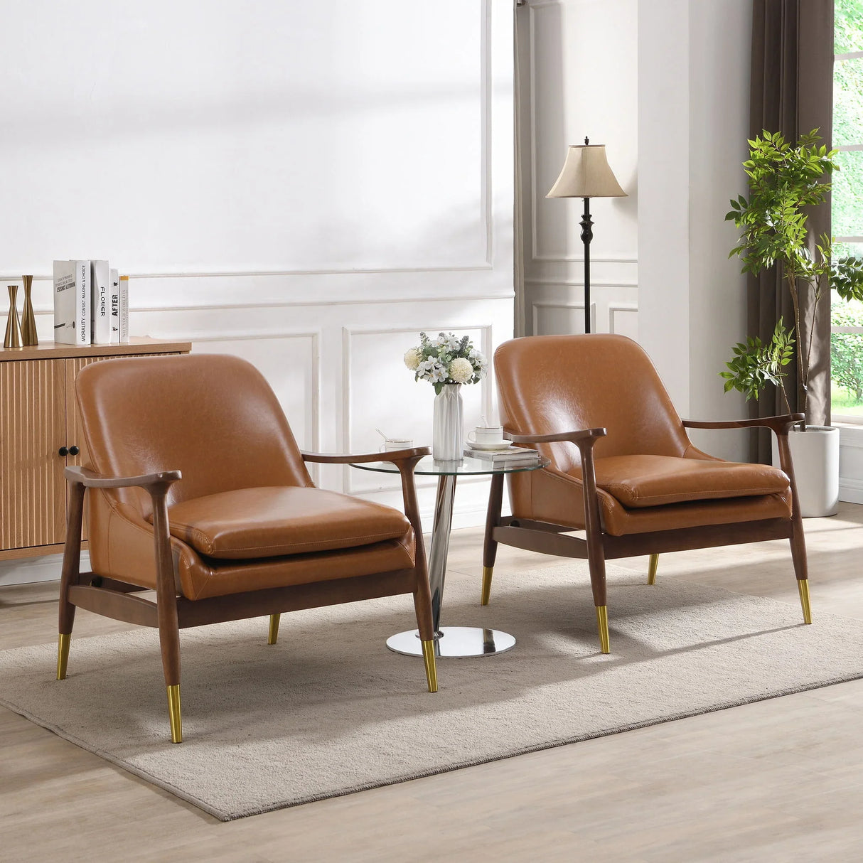 Mid - Century Accent Chair With Cushioned Seat, Brass Tipped Legs