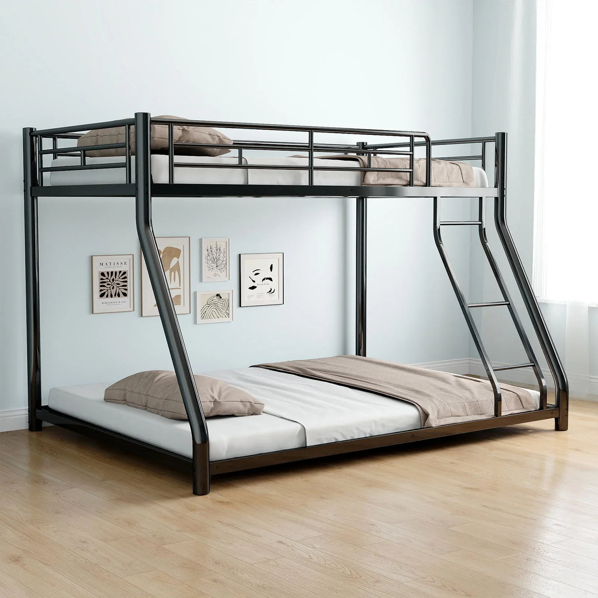 Bunk Bed Frame With Ladder And Guardrail, Heavy Duty Noise Free Design Metal Construction - Furniture Home Direct
