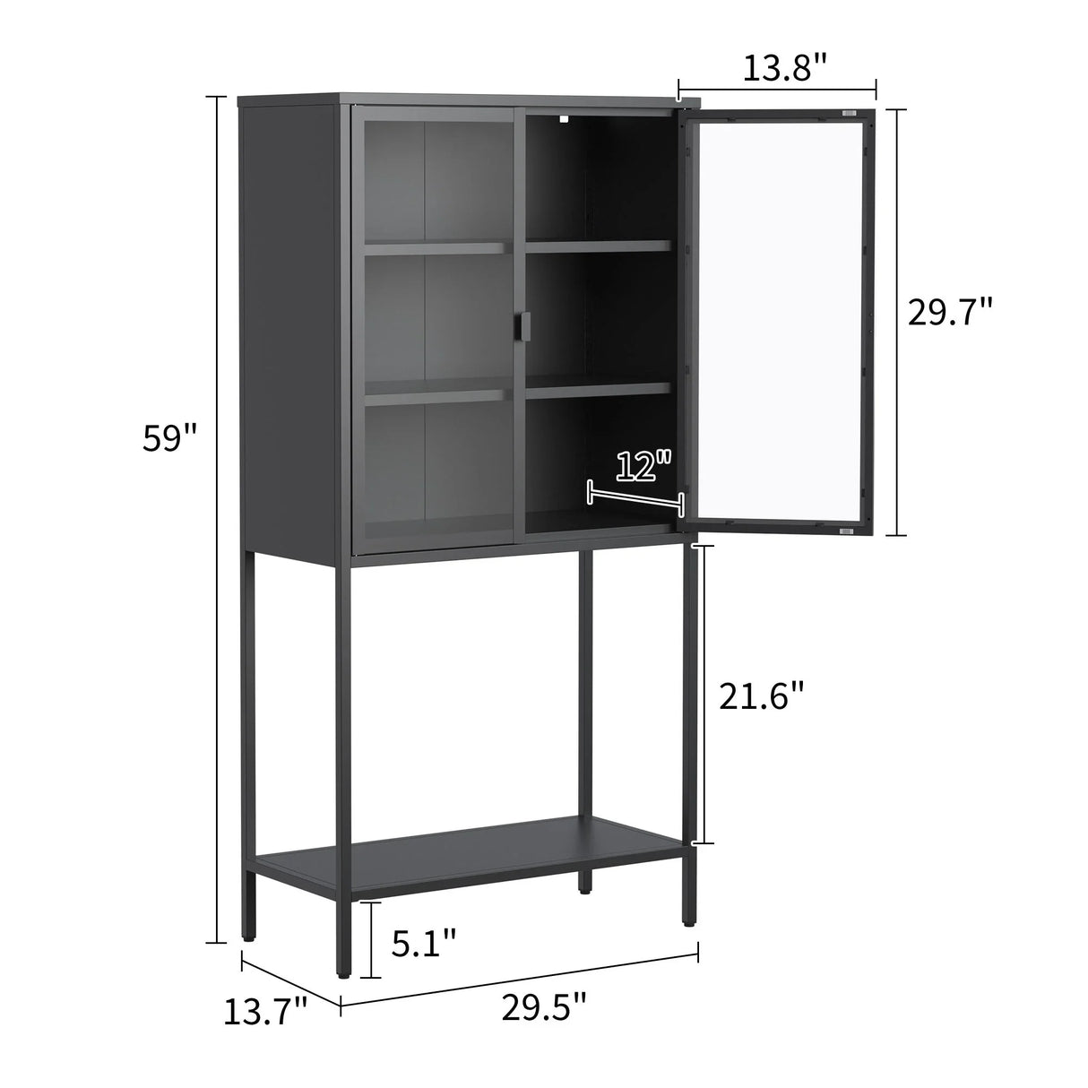 Heavy Duty Metal Storage Cabinet, Display Storage Cabinet With Glass Doors And 2 Adjustable Shelves, Tall Bookcase Modern Bookshelf Cabinet For Home Office, Living Room, Pantry - Furniture Home Direct