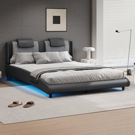 Platform Bed Upholstered Faux Leather LED Lights Gray - Furniture Home Direct