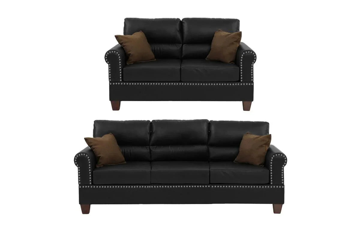 Black Bonded Leather 2 Piece living Room Set (Sofa and Love Seat) - Black - Furniture Home Direct