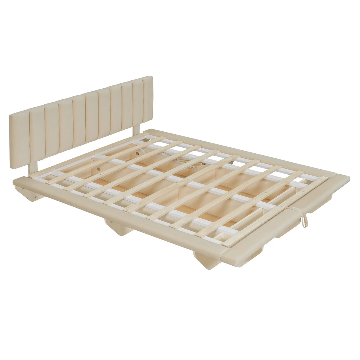 Queen Bed With Upholstered Storage And LED Lighting Beige - Furniture Home Direct
