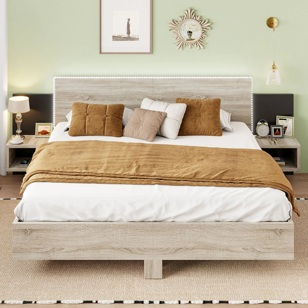 Floating Platform Bed, With LED Lights, Bedside Nightstand - Furniture Home Direct