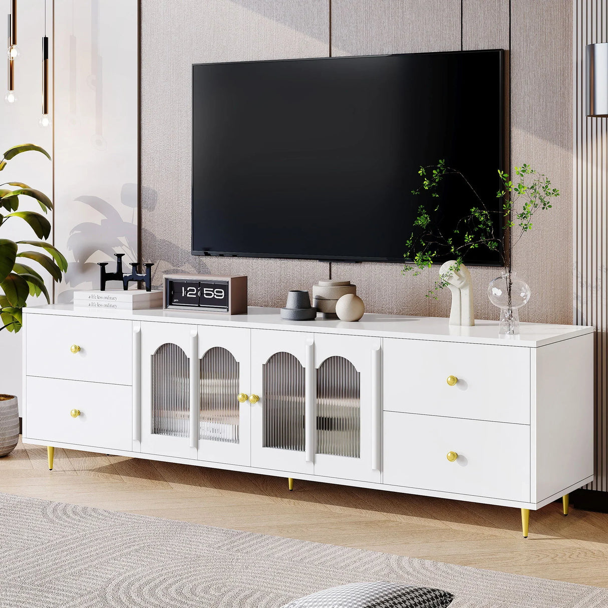 Modern TV Stand With Glass Door, 4 Drawers And 2 Cabinets - Furniture Home Direct