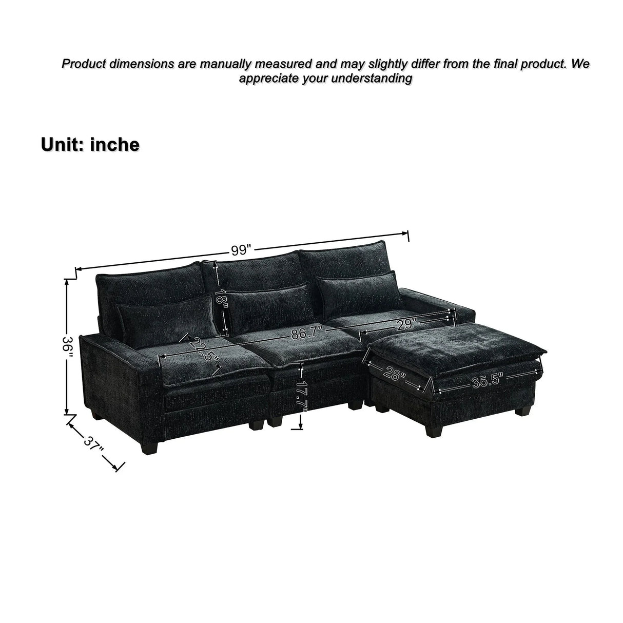 Modern Comfy Chenille L Shaped Sectional Sofa With Movable Ottoman - Furniture Home Direct