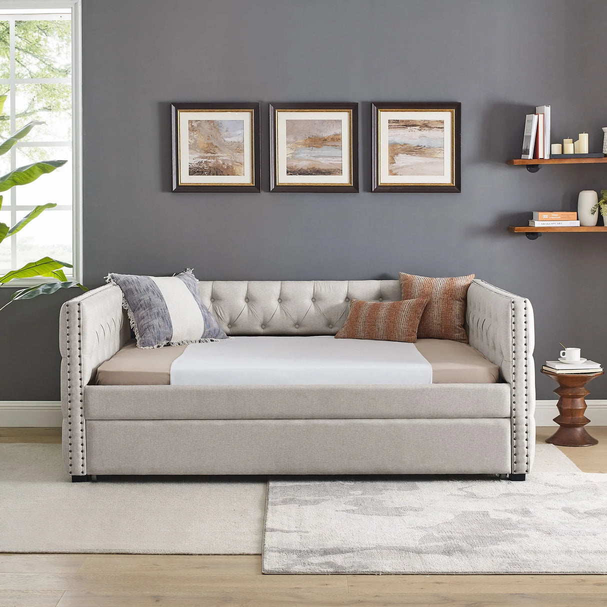 Inspired Upholstered Daybed With Trundle, Button Tufted - Furniture Home Direct