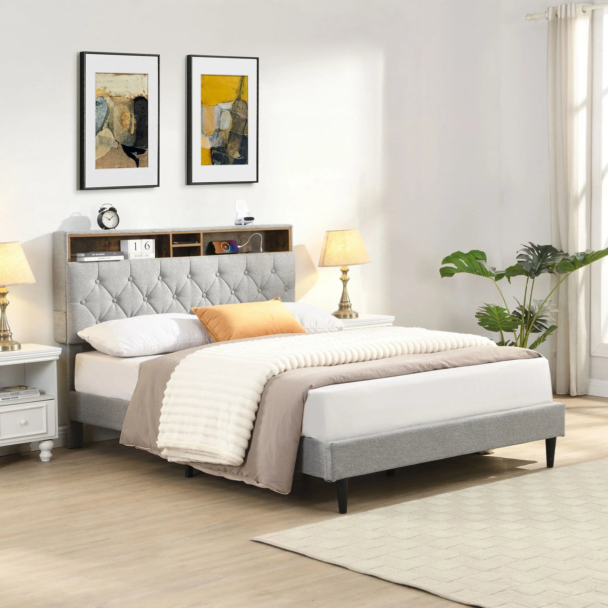 Modern Upholstered Platform Bed Frame With Button Tufted Headboard And USB Ports - Furniture Home Direct