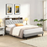 Modern Upholstered Platform Bed Frame With Button Tufted Headboard And USB Ports - Furniture Home Direct