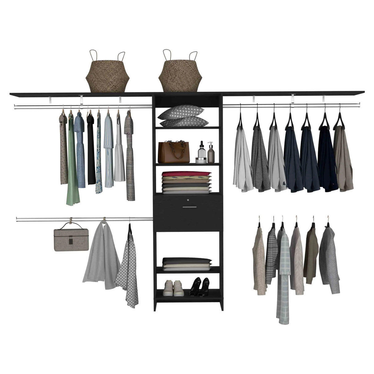 Closet System With Three Hanging Rods And Shelves Black - Furniture Home Direct