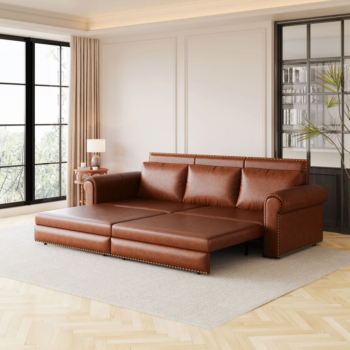 3 In 1 Convertible Sleeper Sofa With Nailhead Trim & Rolled Arm - Furniture Home Direct