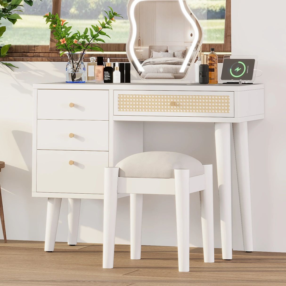 Vanity Desk Bohemian Retro Wood Makeup Station White - Furniture Home Direct