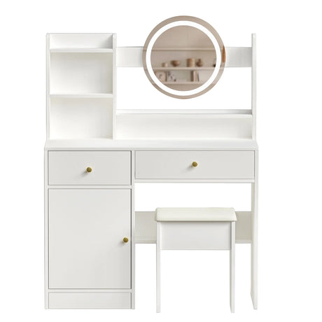 Fashion Vanity Desk With Mirror And Lights For Makeup And Cushioned Chair - White - Furniture Home Direct