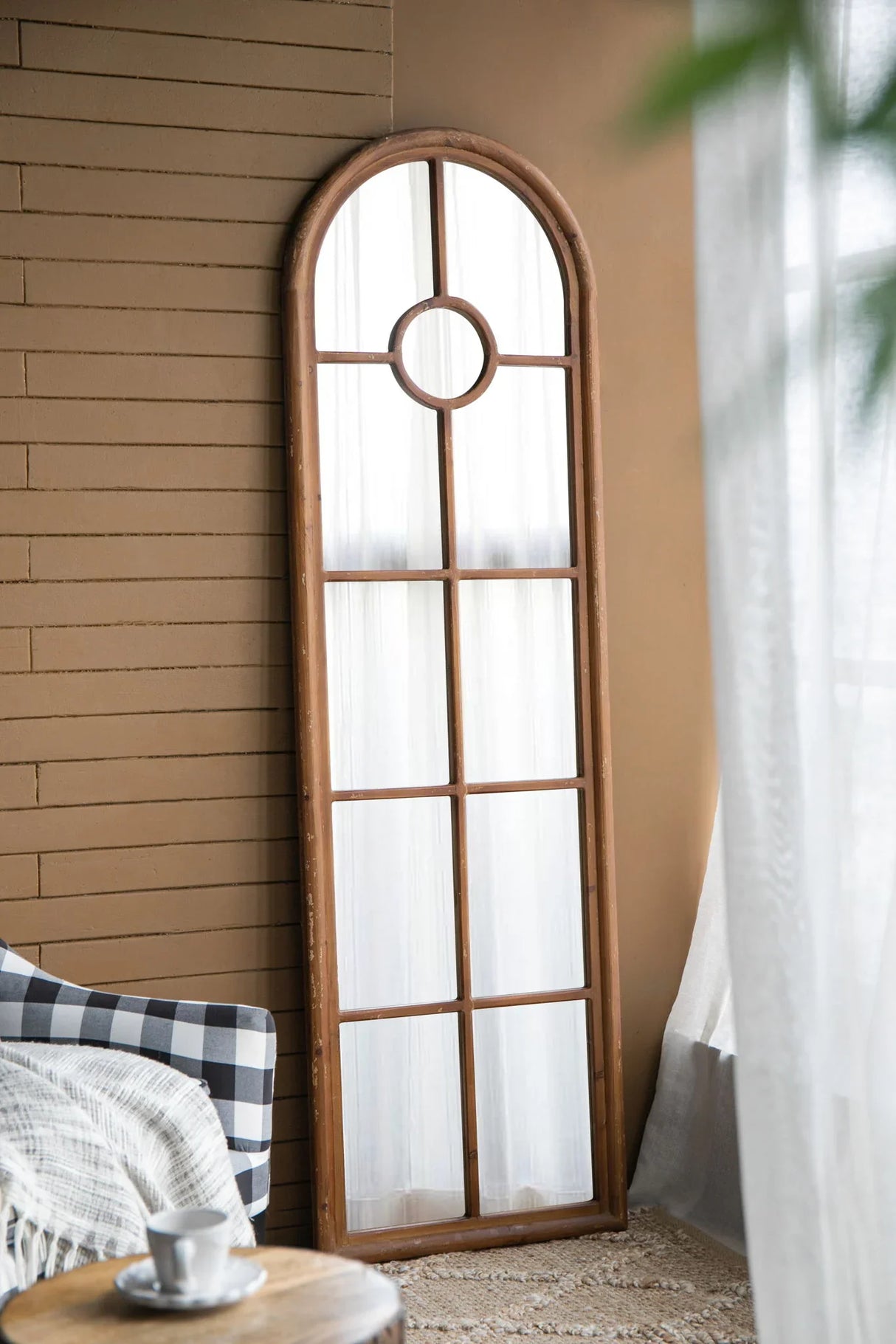 Half Round Elongated Mirror With Decorative Window Look Classic Architecture Style Solid Fir Wood Interior Decor - Brown - Furniture Home Direct