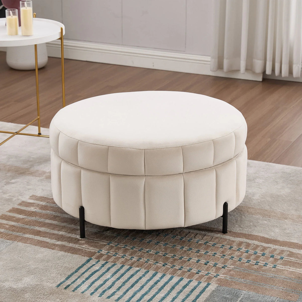 Upholstered Round Ottoman With Reversible Lid, Channel Tufted Pumpkin Shape - Furniture Home Direct