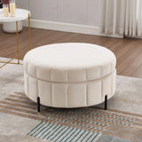 Upholstered Round Ottoman With Reversible Lid, Channel Tufted Pumpkin Shape - Furniture Home Direct