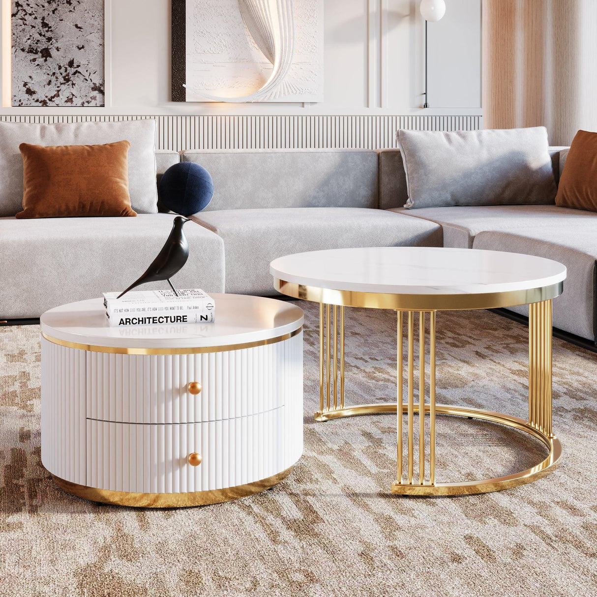Nesting Coffee Tables With Drawers Round White And Gold - Furniture Home Direct
