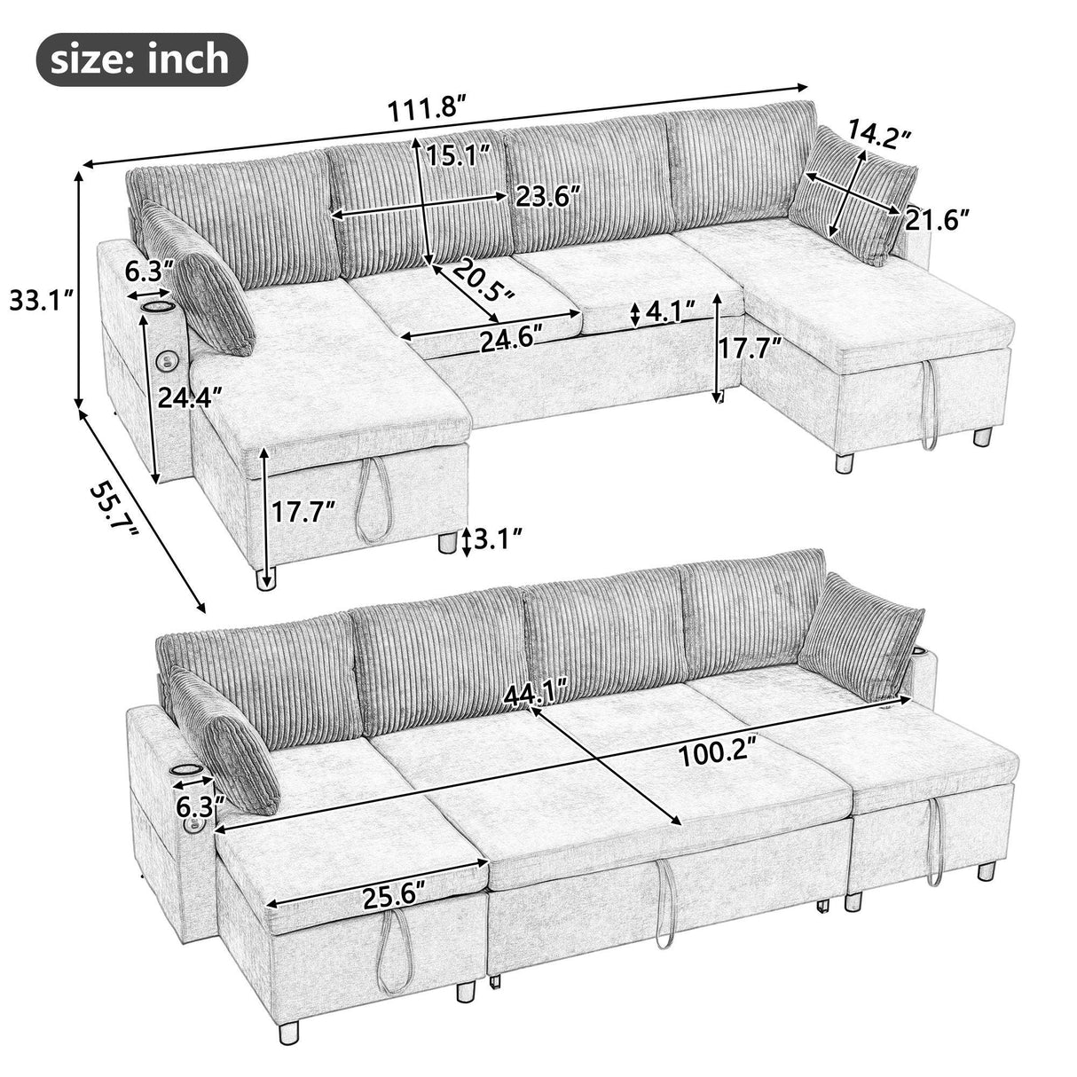 Sectional Sofa Pull Out Sofa Bed Versatile Sofa Sleeper With Large Storage Space, Two USB Ports And Two Cup Holders For Living Room - Furniture Home Direct