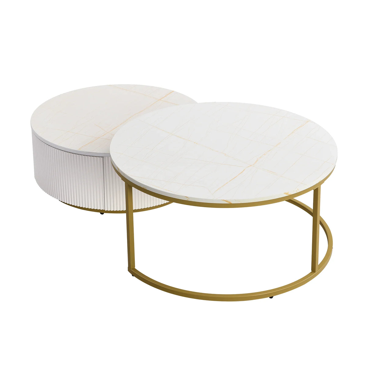 Round Nesting Coffee Table Fluted Drawer Gold and White - Furniture Home Direct