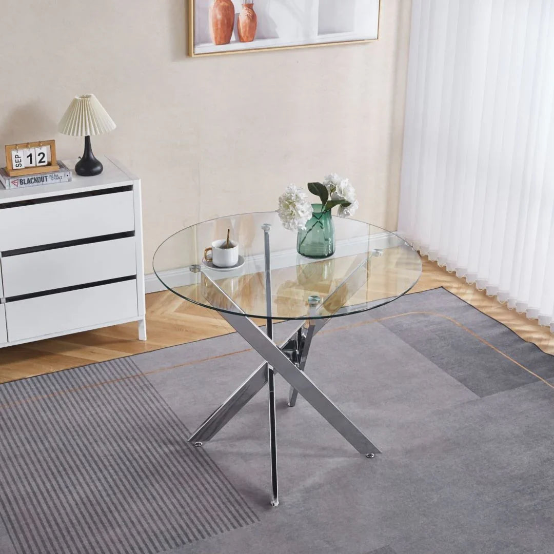 Dining Table With Cross Metal Leg And Tempered Glass, Modern Space Saving Kitchen Table For Living Room - Furniture Home Direct