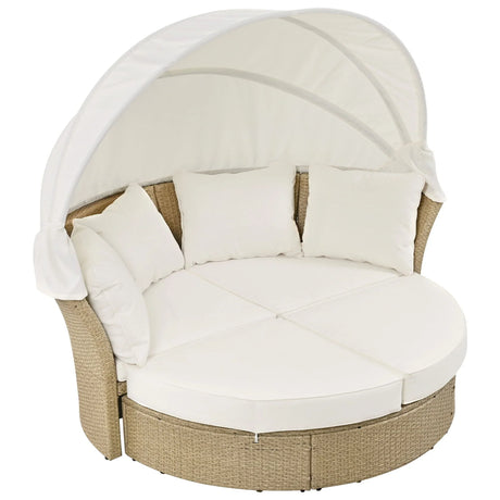 Outdoor Patio Daybed Wicker Rattan Double Daybed Round Sofa Furniture Set With Retractable Canopy, 4 Pillows For Lawn Garden - Furniture Home Direct