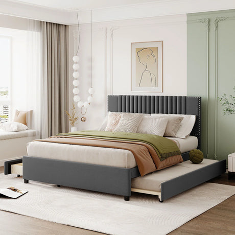 Upholstered Platform Bed With Drawers, Classic Headboard Design - Furniture Home Direct