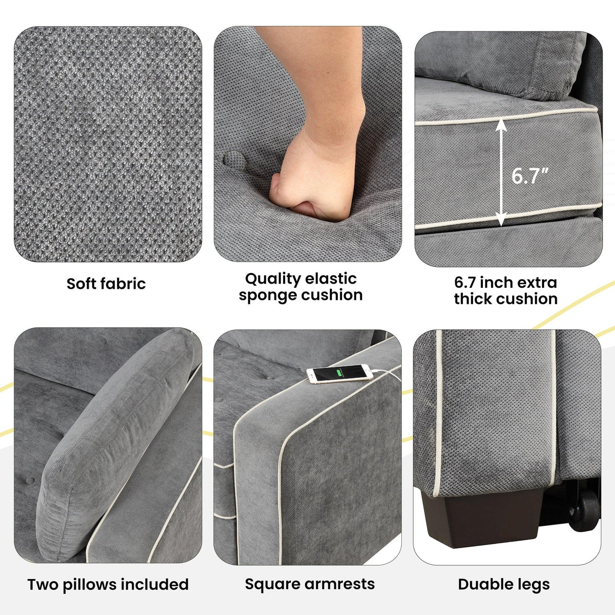 Upholstered Loveseat with Pull Out Sofa, Two Throw Pillows, Dual USB Charging Port And Adjustable Backrest - Gray - Furniture Home Direct