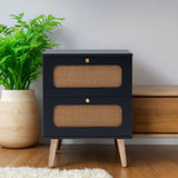 2 Drawer Rattan Nightstand For Bedroom And Living Room, End Table, Side Table With 2 Hand Made Rattan Decorated Drawers - Black - Furniture Home Direct