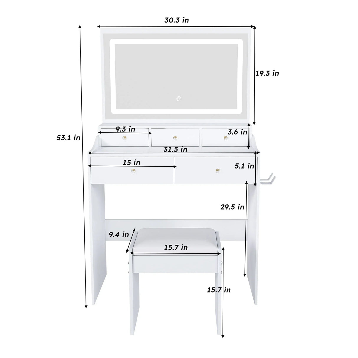 Modern Makeup Vanity Set With Power Outlet, Hair Dryer Holder, And Adjustable Lighting - Furniture Home Direct