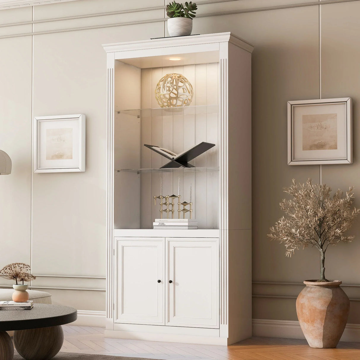 Retro Style Display Bookcase With Adjustable LED Ceiling Light And Tempered Glass Shelves - White - Furniture Home Direct