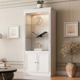 Retro Style Display Bookcase With Adjustable LED Ceiling Light And Tempered Glass Shelves - White - Furniture Home Direct