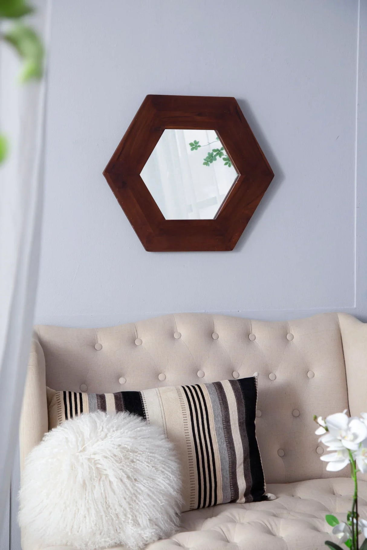 Hexagon Mirror With Natural Wood Frame, Wall Decor For Living Room Bathroom Hallway - Furniture Home Direct