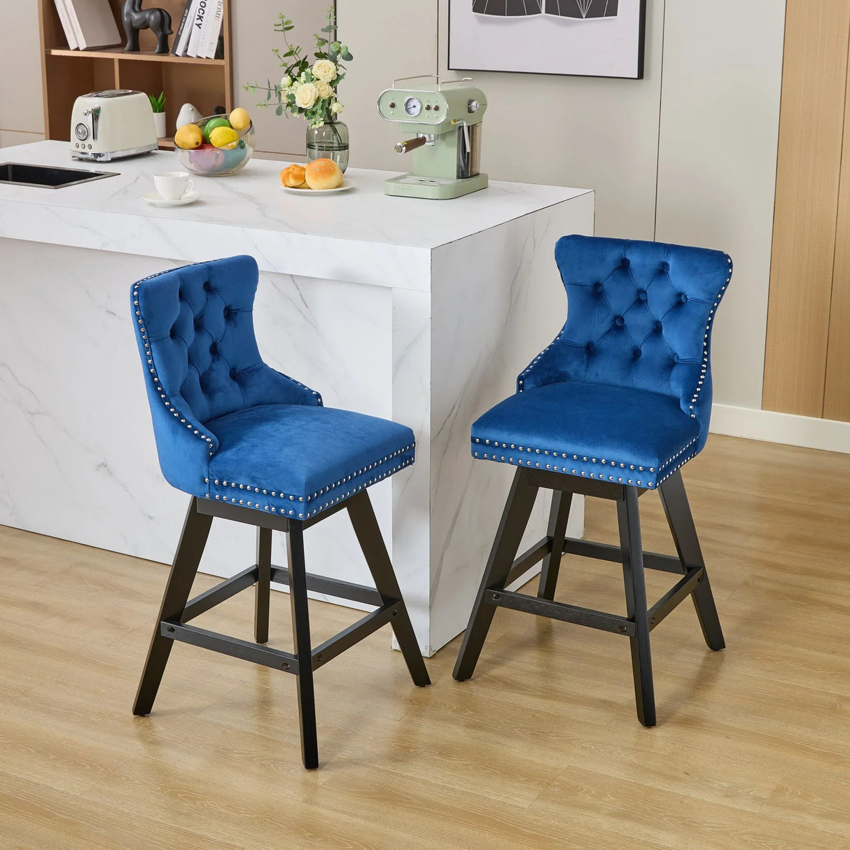 Bar Stools Swivel Velvet Tufted Nailhead Trim Set of 2 Blue - Furniture Home Direct