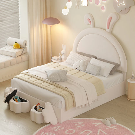 Rabbit-Shaped Bed for Kids Upholstered Full-Size White - Furniture Home Direct