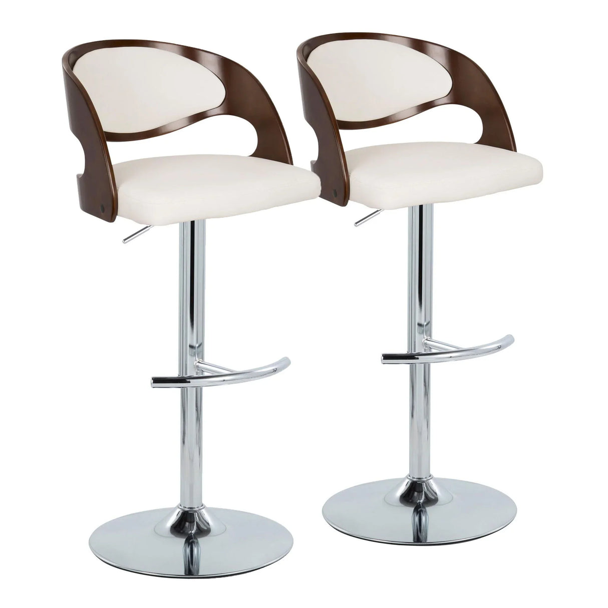 Pino - Mid-Century Modern Adjustable Barstool With Swivel With Rounded T Footrest (Set of 2) - Chrome / Cherry / White - Furniture Home Direct
