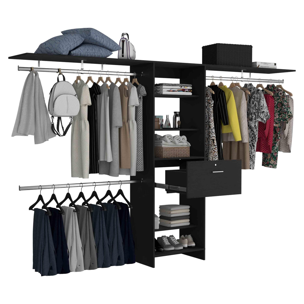 Closet System With Drawer And Hanging Rods Premium Black - Furniture Home Direct