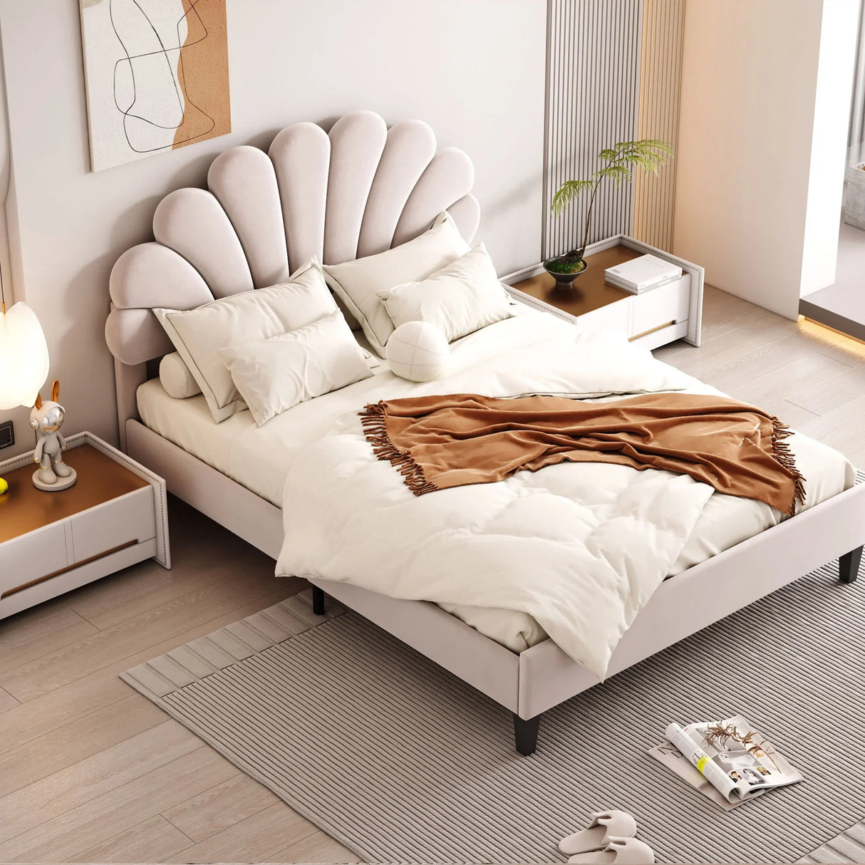 Upholstered Platform Bed With Flower Pattern Velvet Headboard - Furniture Home Direct