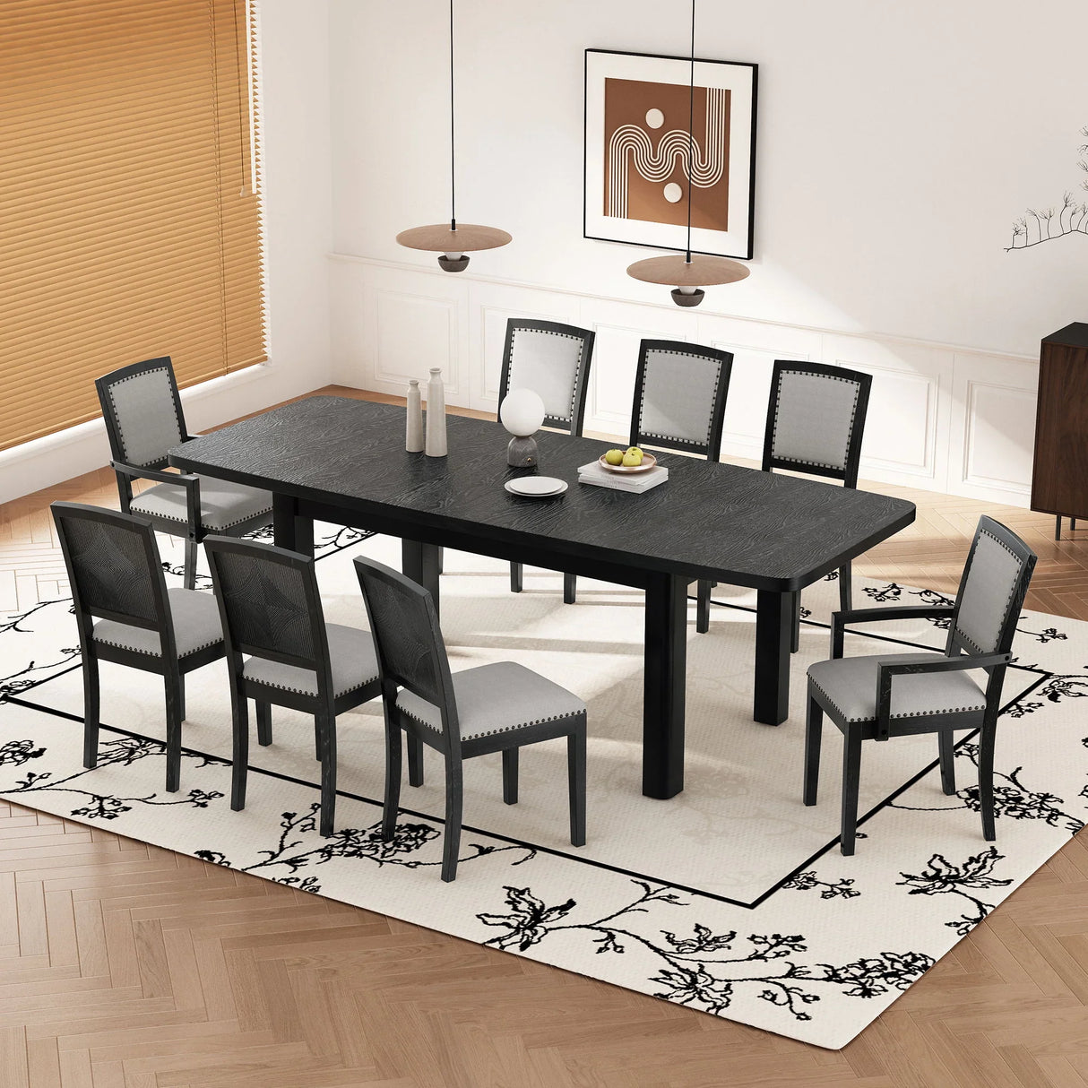 Topmax - Rustic Extendable Dining Table Set With Removable Leaf, 6 Upholstered Armless Dining Chairs And 2 Padded Arm Chairs, 9 Pieces - Furniture Home Direct