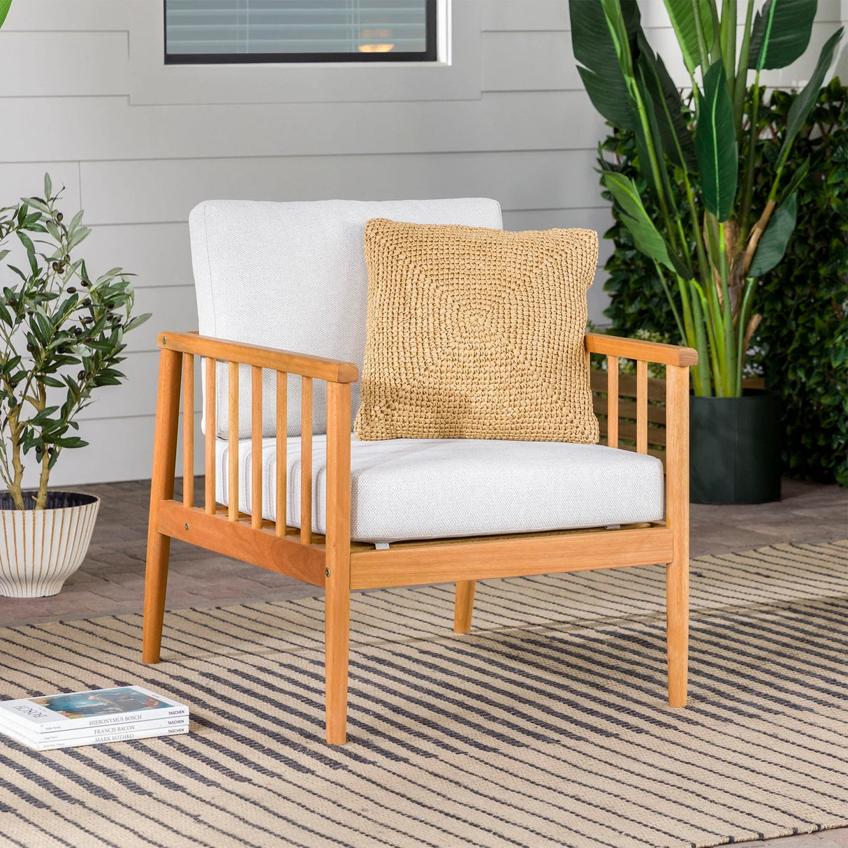 Contemporary Cushioned Eucalyptus Wood Patio Accent Chair - Furniture Home Direct