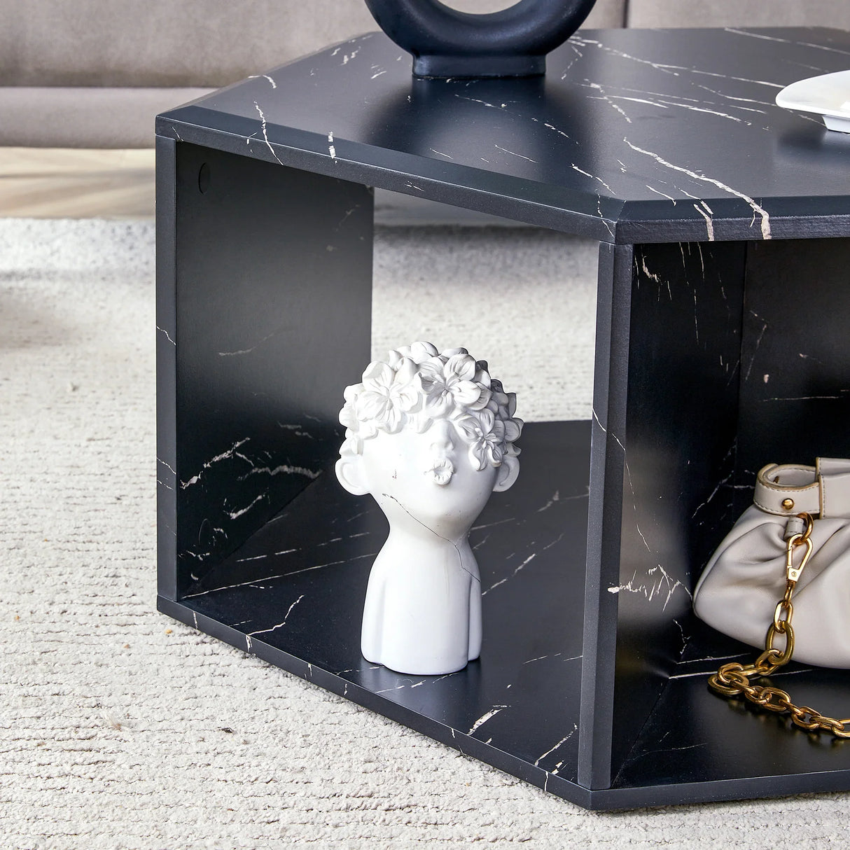 Coffee Table Hexagonal Textured Marble Look Accent Black - Furniture Home Direct