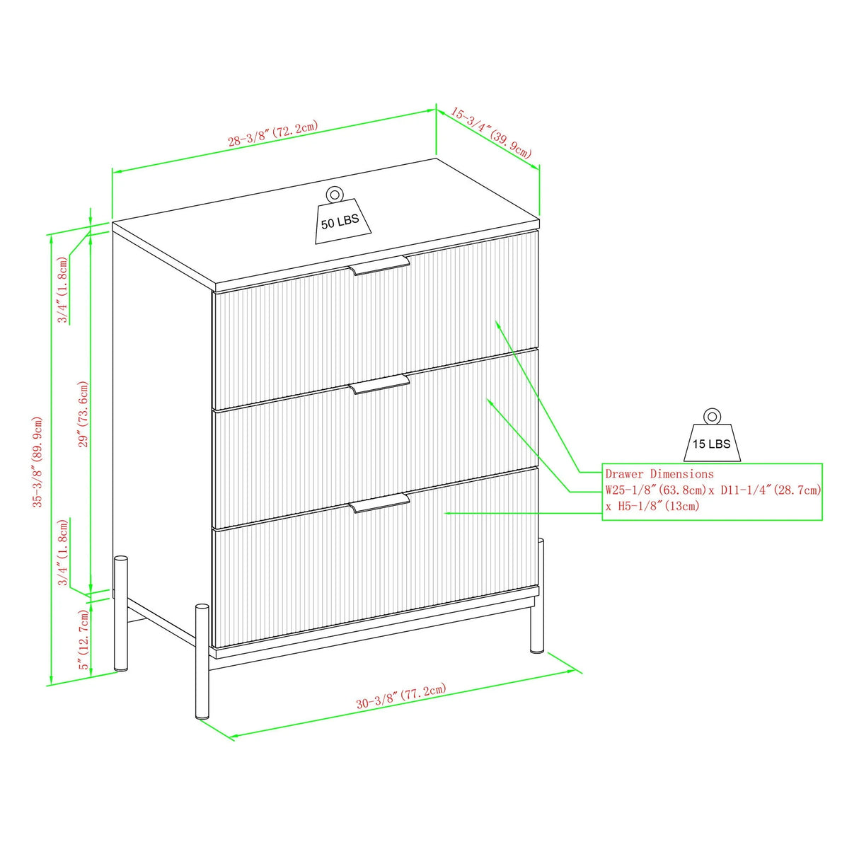 Mid-Century 3 Drawer Chest With Reeded Drawer Fronts - Furniture Home Direct