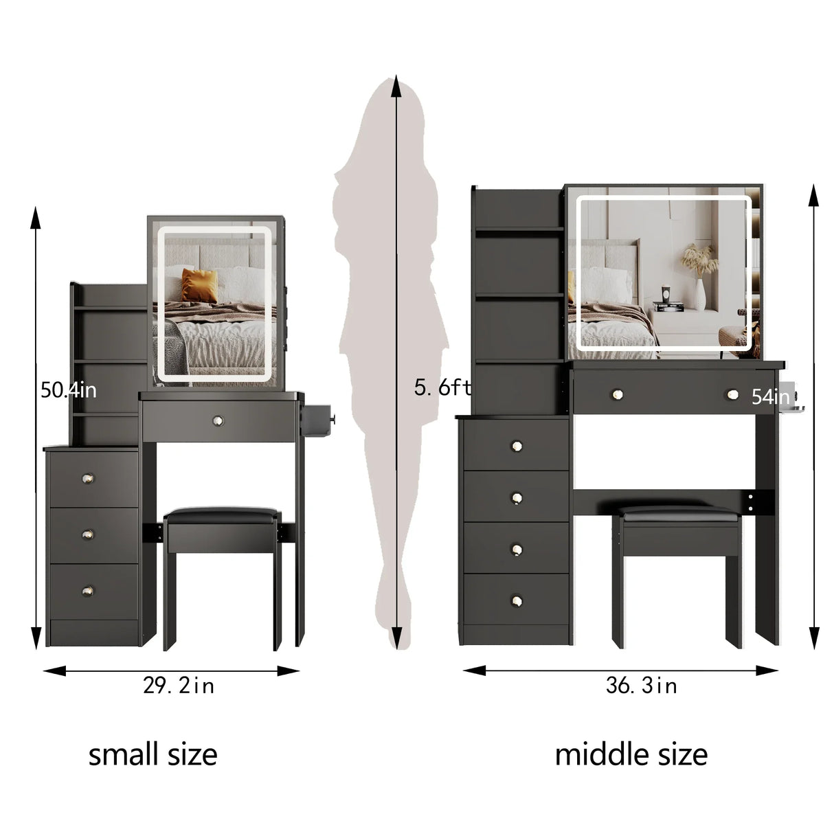 Vanity Desk With Cushioned Stool Lighted Mirror Black - Furniture Home Direct