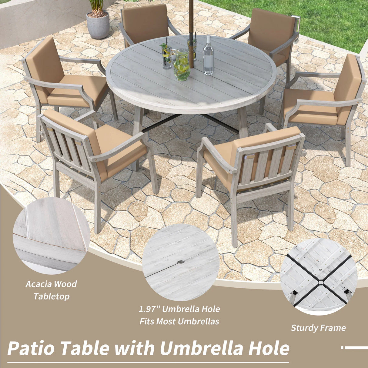 6 Person Outdoor Wooden Dining Set With Umbrella Hole And Removable Cushions For Patio - Gray - Furniture Home Direct